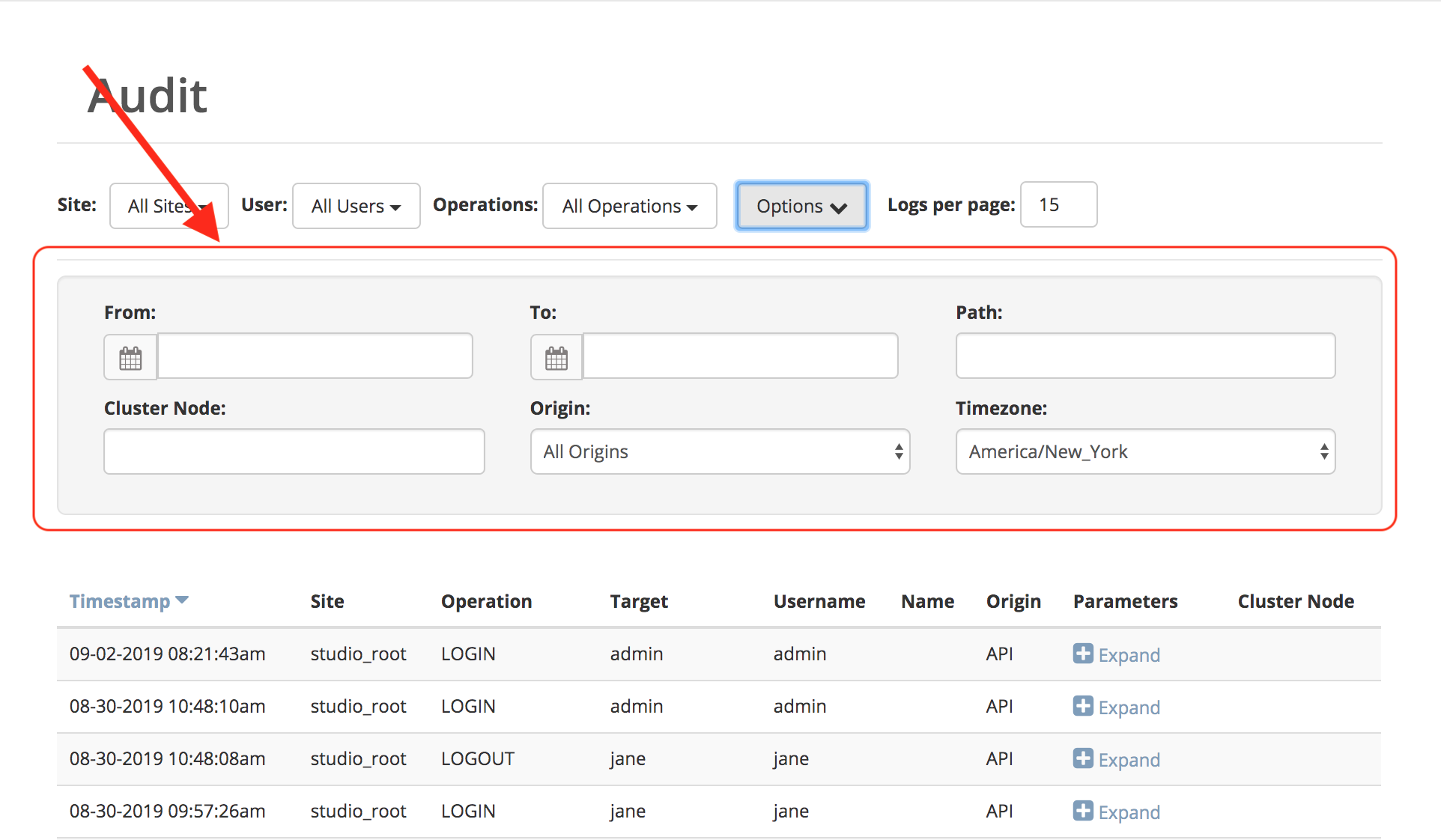 System Administrator - Main Menu Audit Options Filter