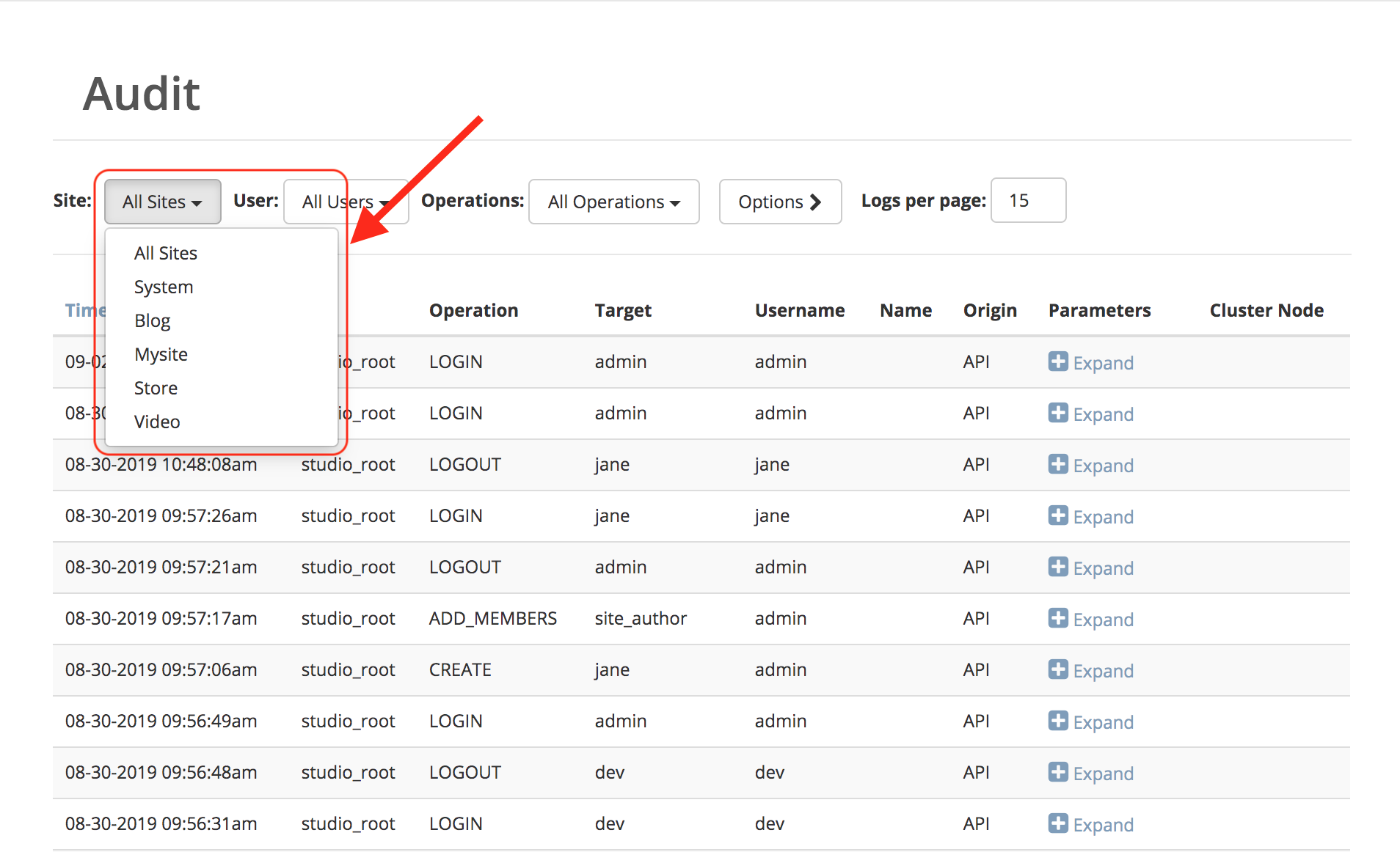 System Administrator - Main Menu Audit Site Filter