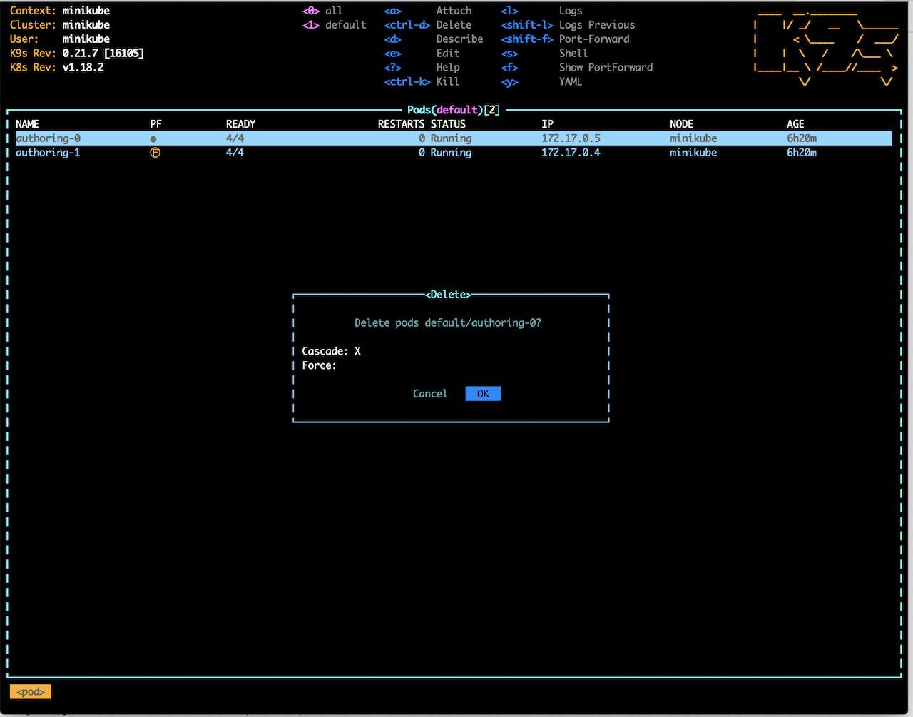 Studio Clustering using Kubernetes deployments - k9s delete a pod