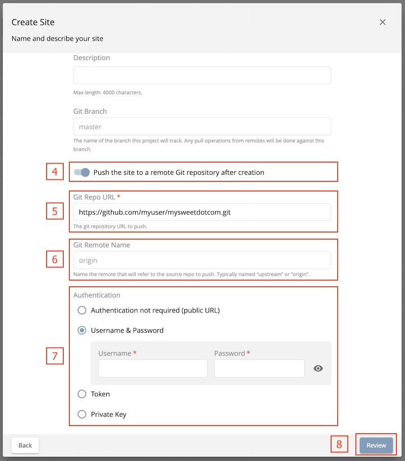 Developer How Tos - Create Site Dialog Walk Through step 4 - 8