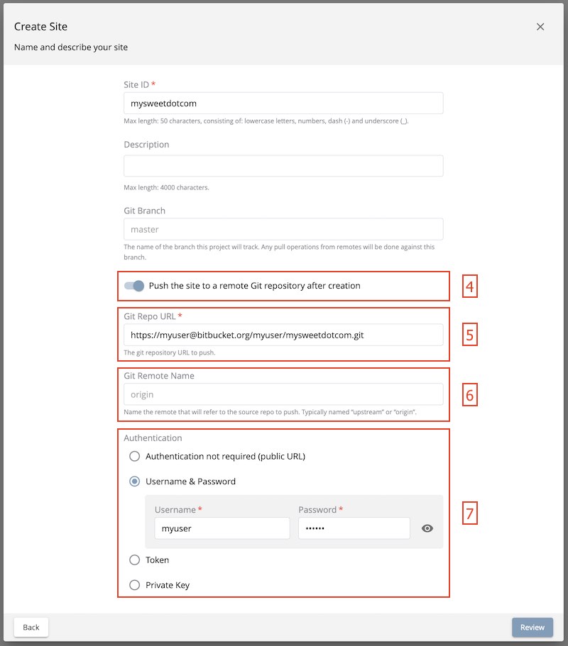 Create Site Dialog in Crafter Studio, populating a bare upstream Git repository