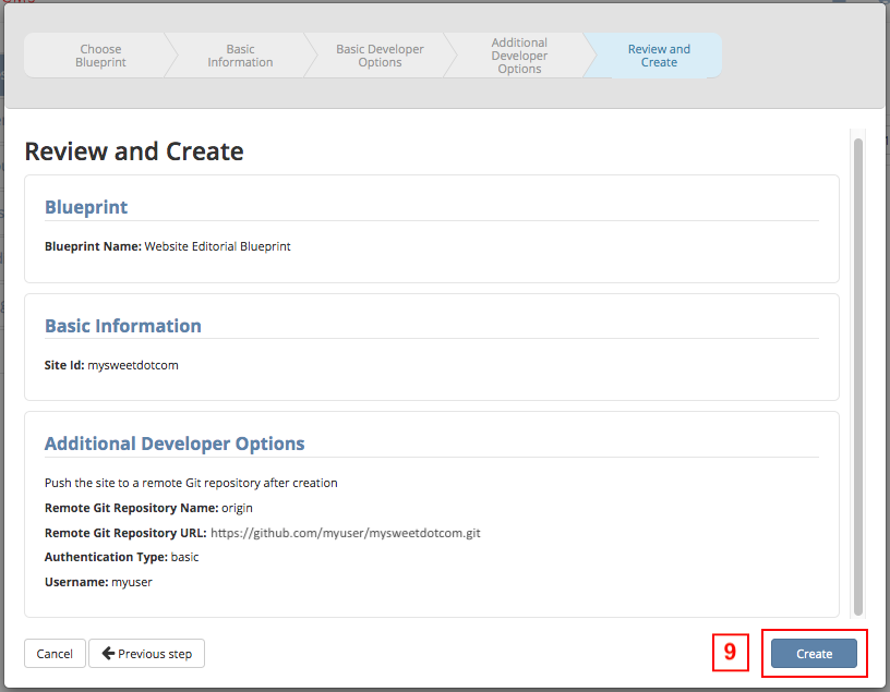 Developer How Tos - Create Site Dialog Walk Through step 5