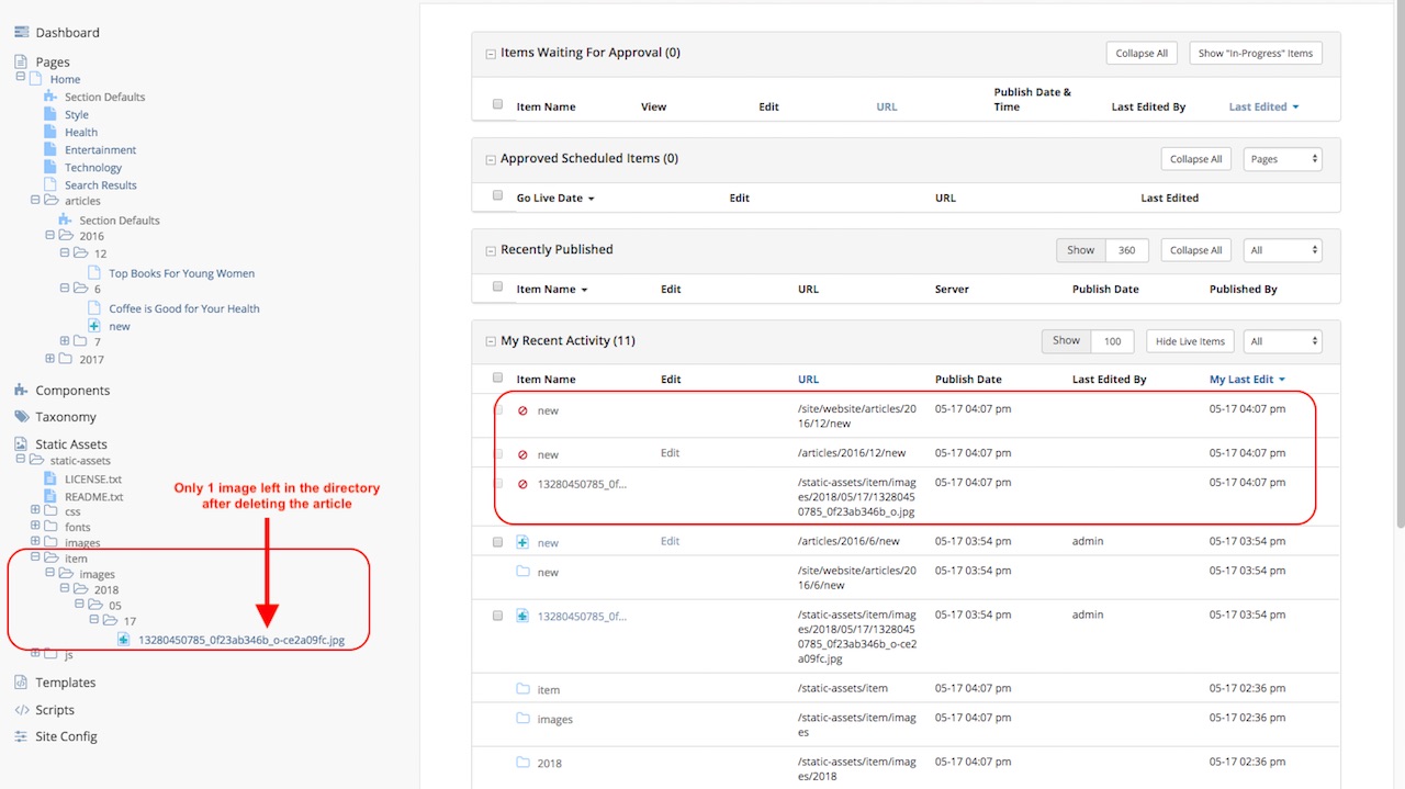 Sidebar and Dashboard showing items that were deleted when the article was deleted