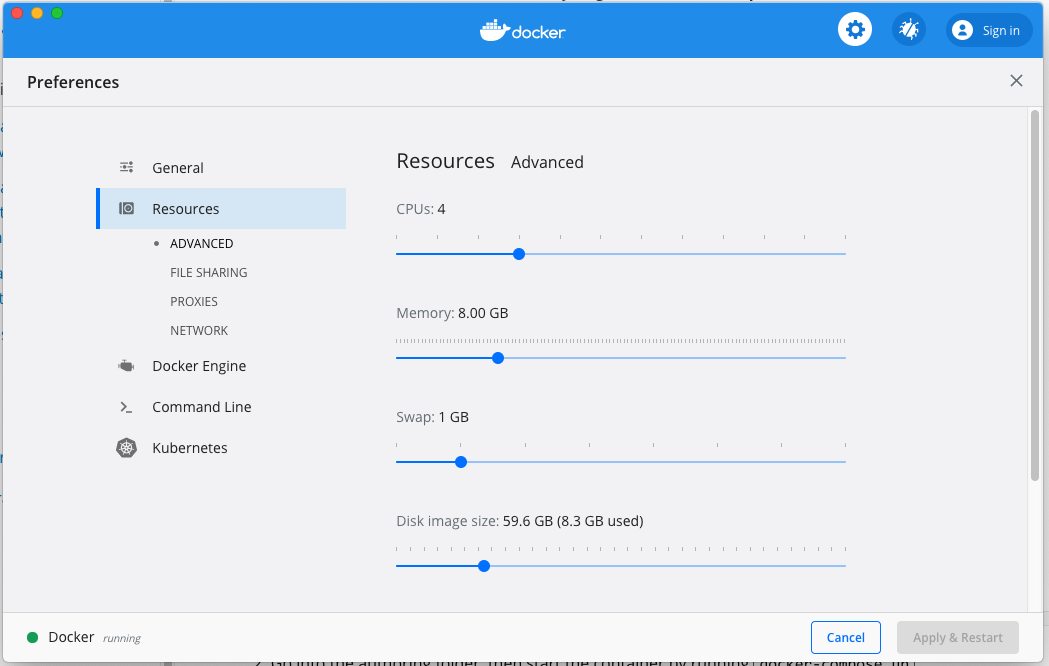 Docker Desktop Advanced Settings