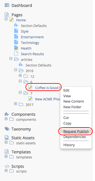 Workflow - Request publish by right clicking on content in nav tree
