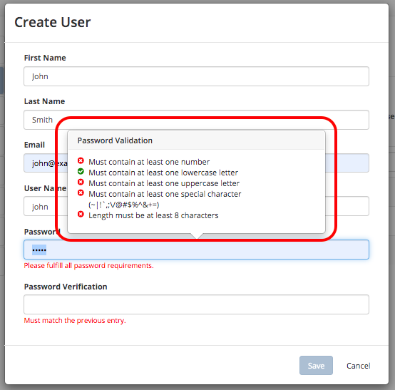 System Administrator - Password Requirements Display