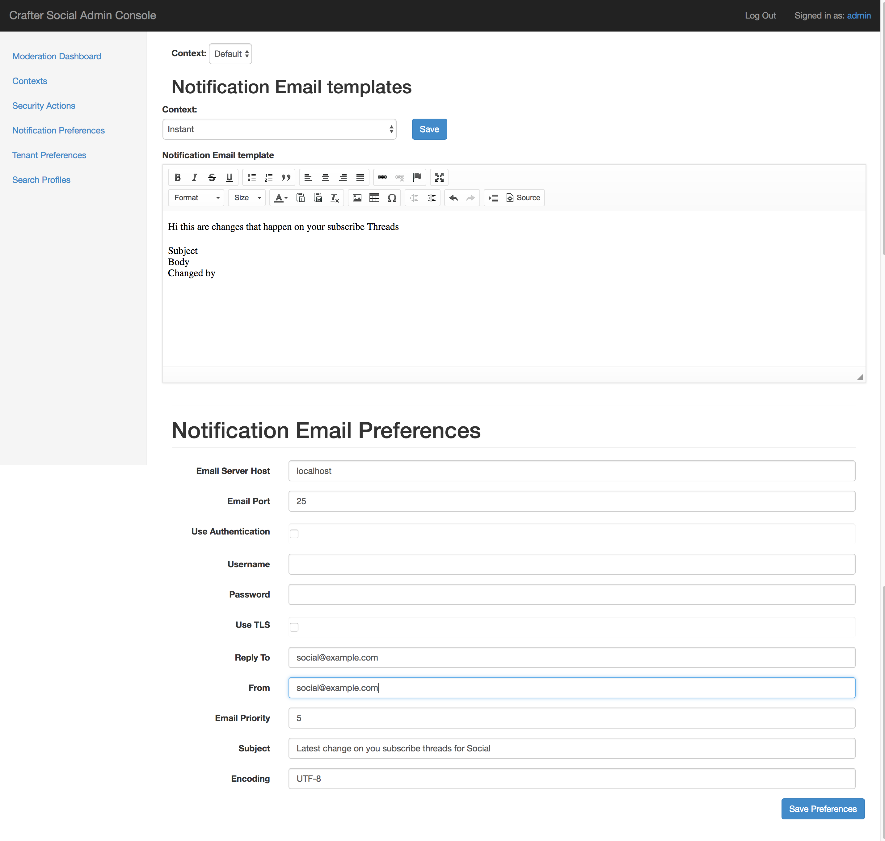 Crafter Social Admin Console Preferences