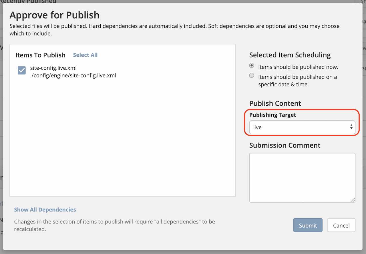 Multi-target Configuration - Set "Publishing Target" to "live" in dialog for site-config.live.xml