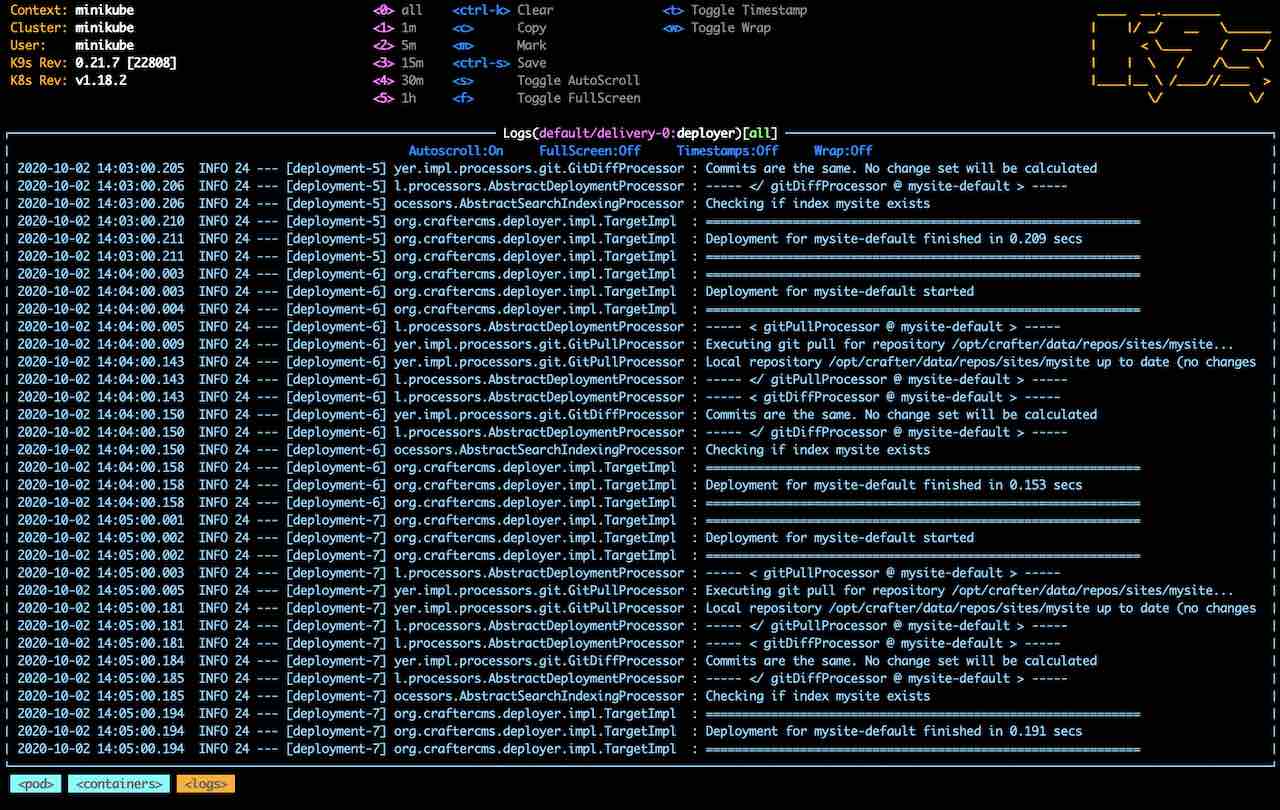 Simple Delivery Kubernetes deployments - k9s deployer log opened