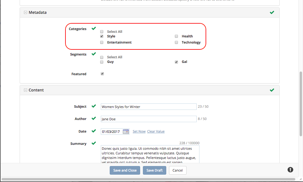 Targeting - Categories Metadata in Content