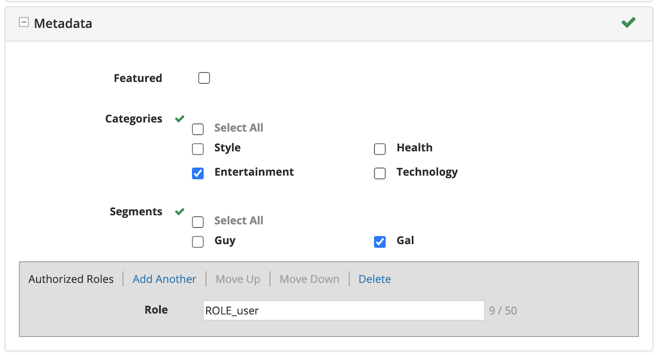 Targeting - Authorized Roles Metadata in Content