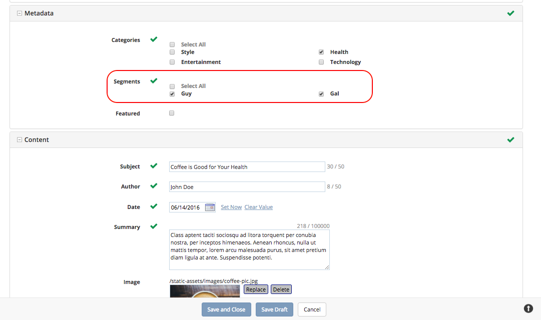 Targeting - Segments Metadata in Content