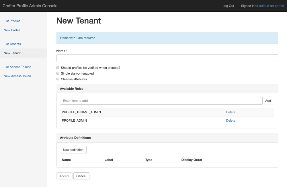 Crafter Profile admin new tenant