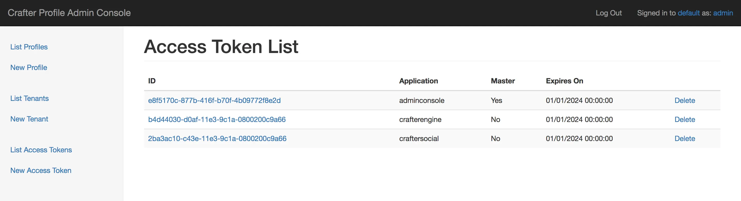 Crafter Profile access tokens list