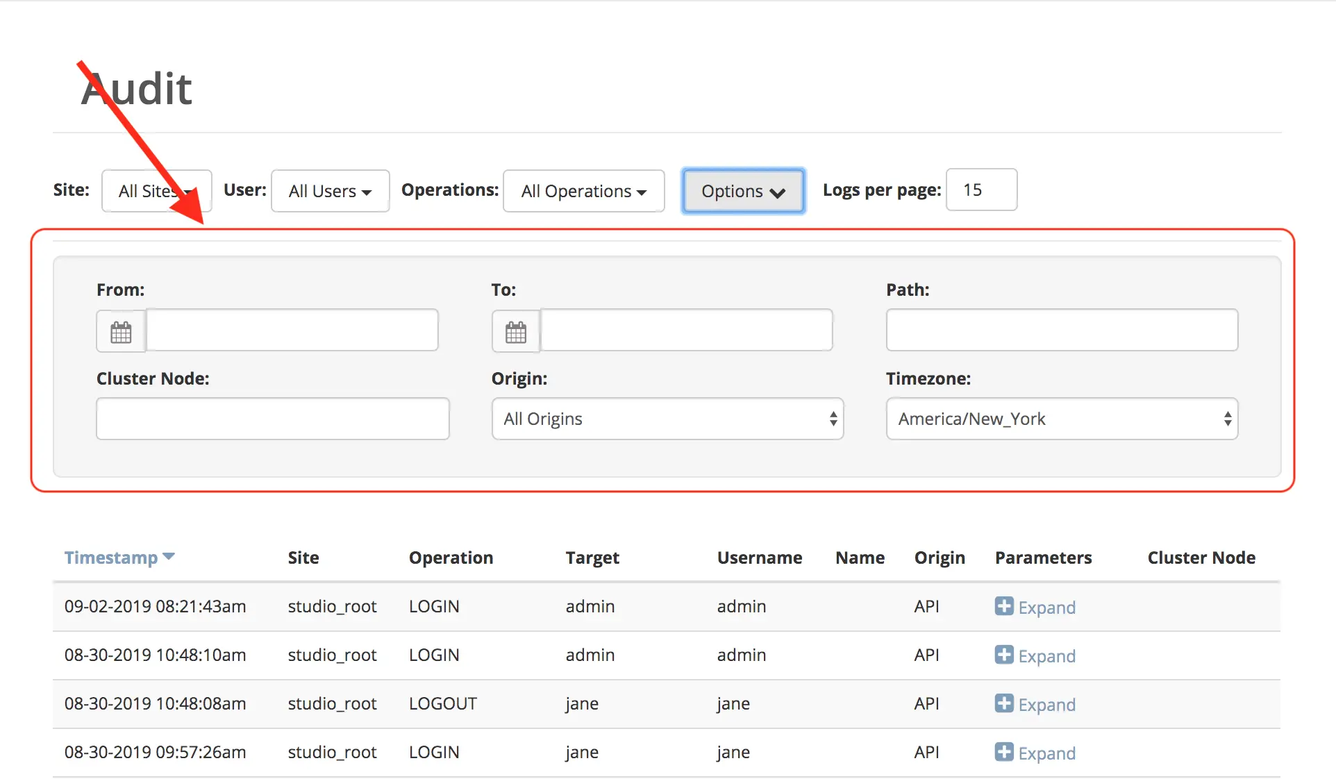 System Administrator - Main Menu Audit Options Filter