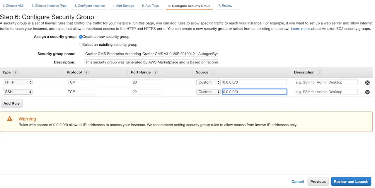 CrafterCMS AWS AMI Authoring Configure Security Group
