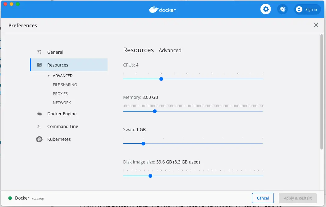 Docker Desktop Advanced Settings