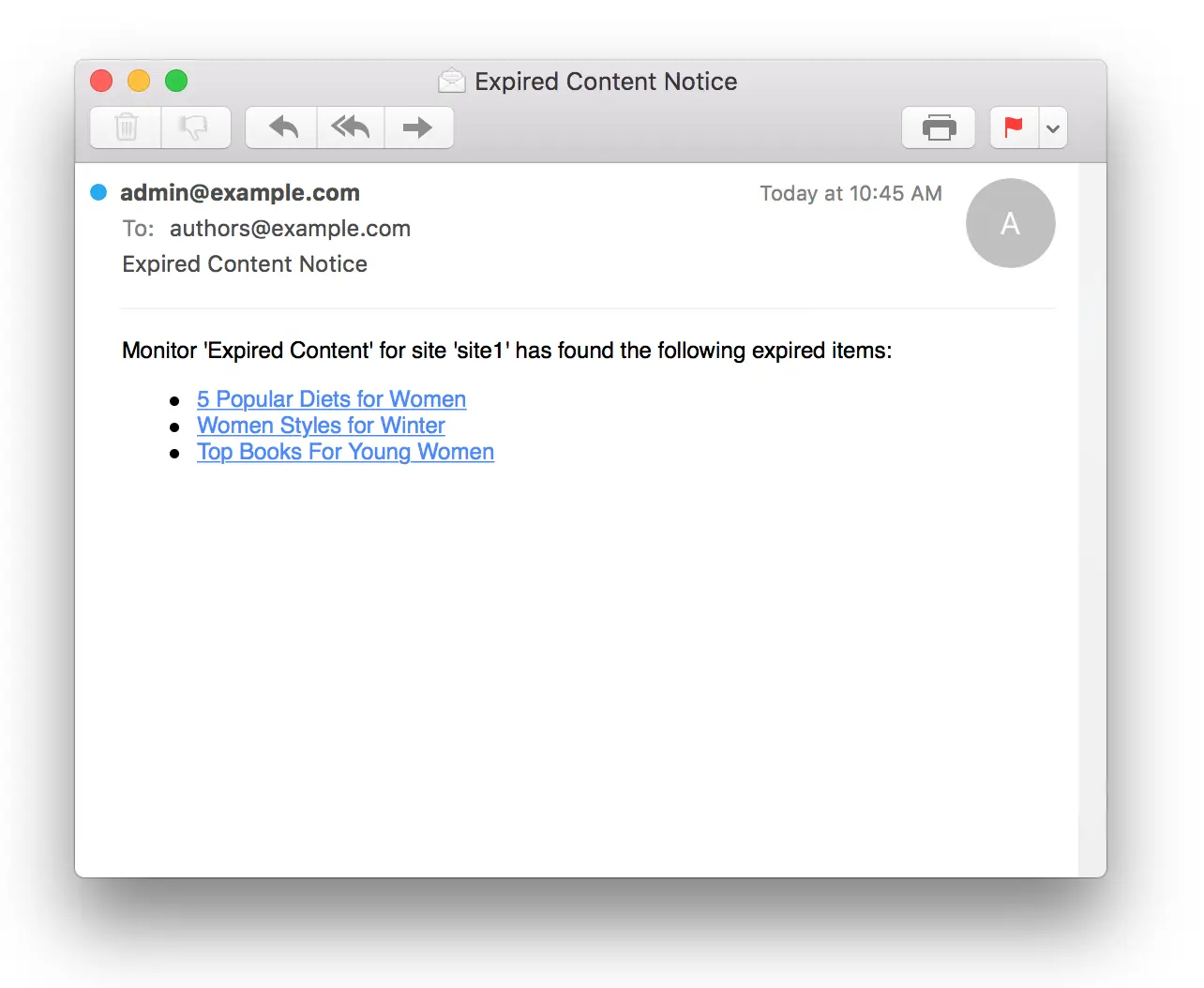 Example Content Monitor Notification Email