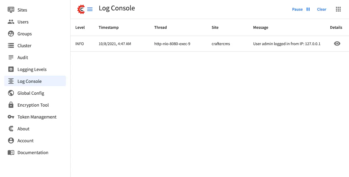 System Administrator - Navigation Menu Log Console