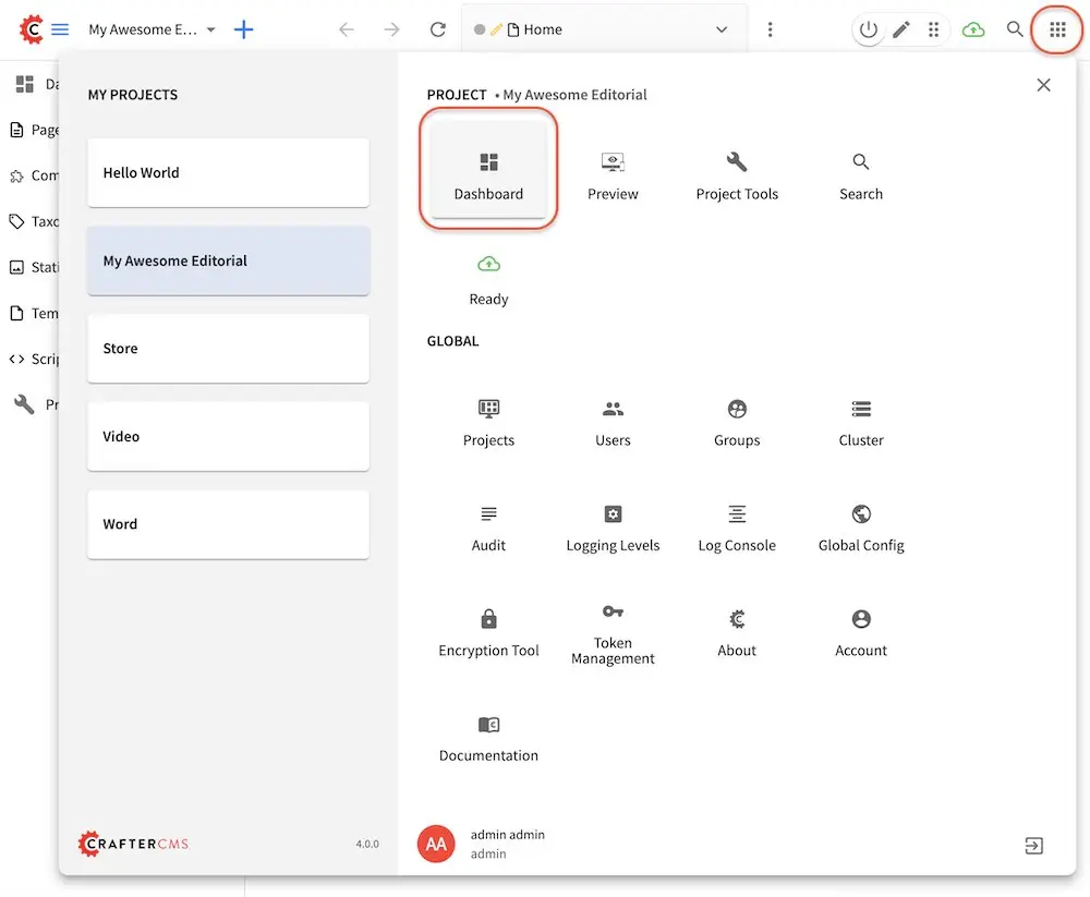 Navigating Studio - Project Dashboard from the Navigation Menu