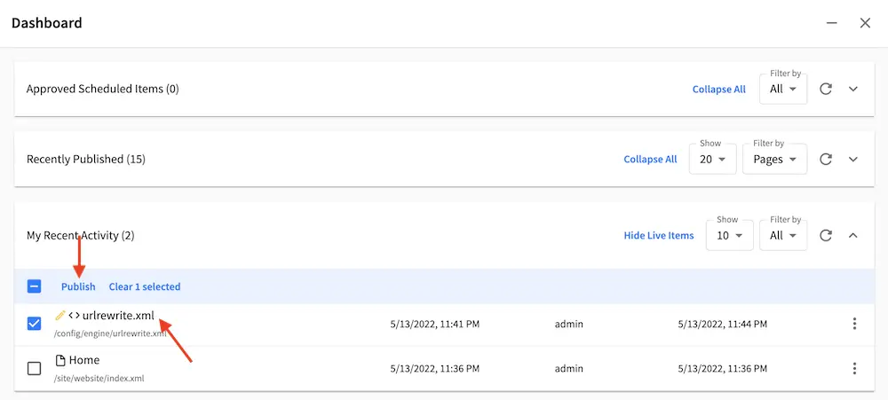 Configurations - Publish URL Rewrite Config File from Dashboard