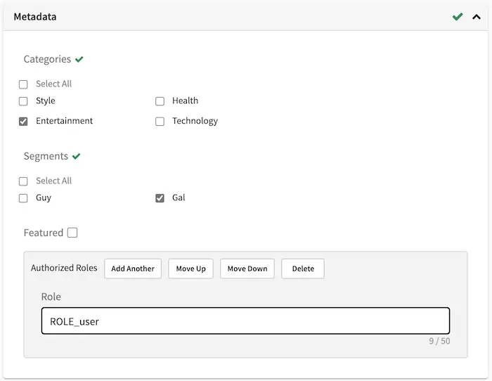 Targeting - Authorized Roles Metadata in Content