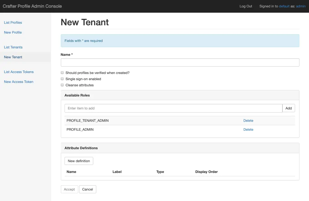 Crafter Profile admin new tenant