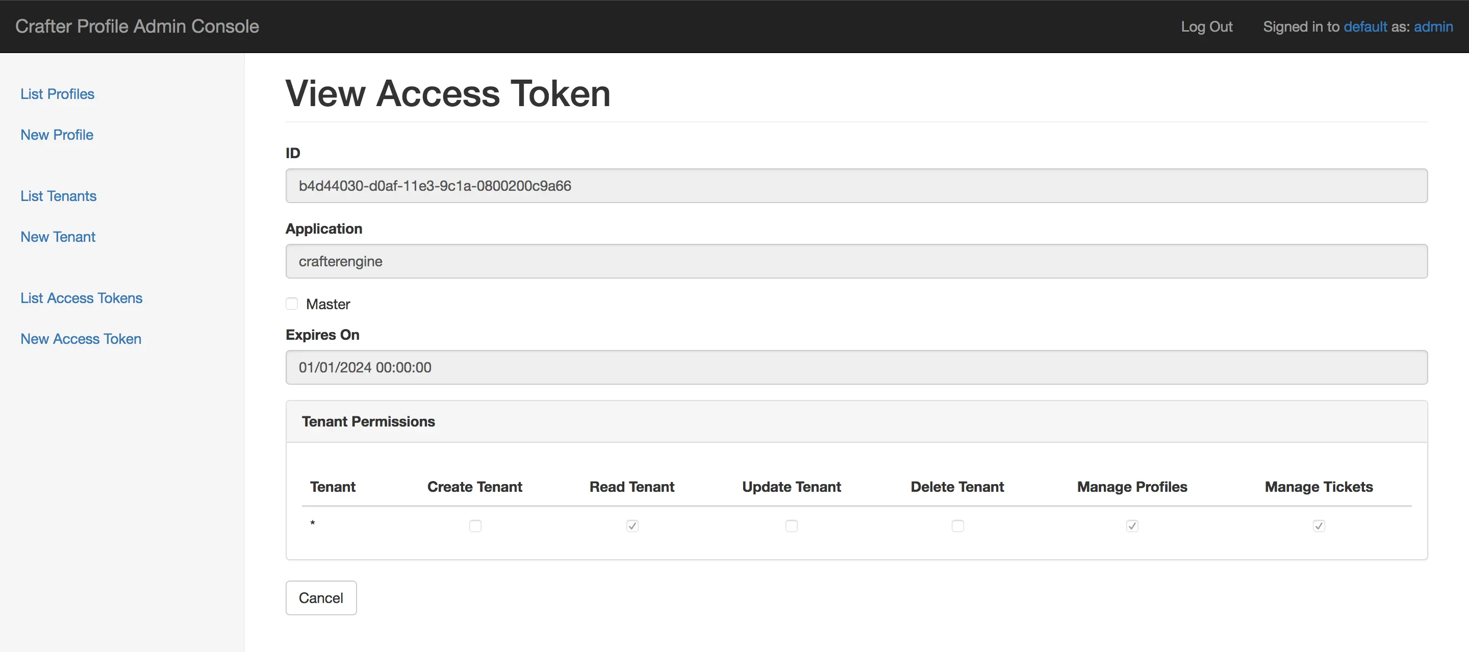 Crafter Profile access tokens view