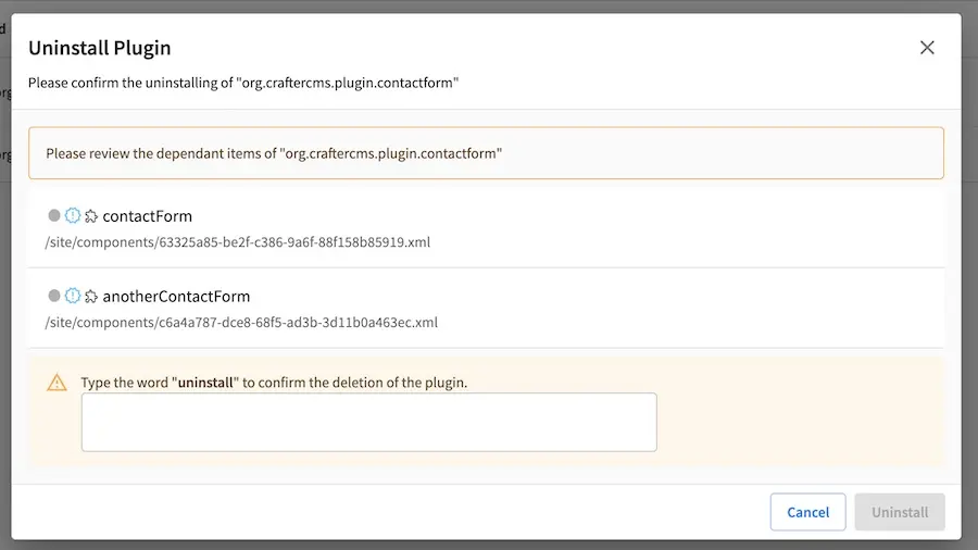 Crafter Studio Uninstall Plugin Dialog with Dependencies