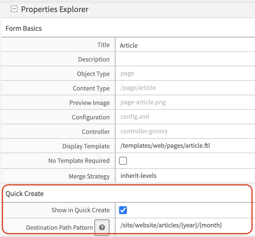 Article Content Type Quick Create Properties