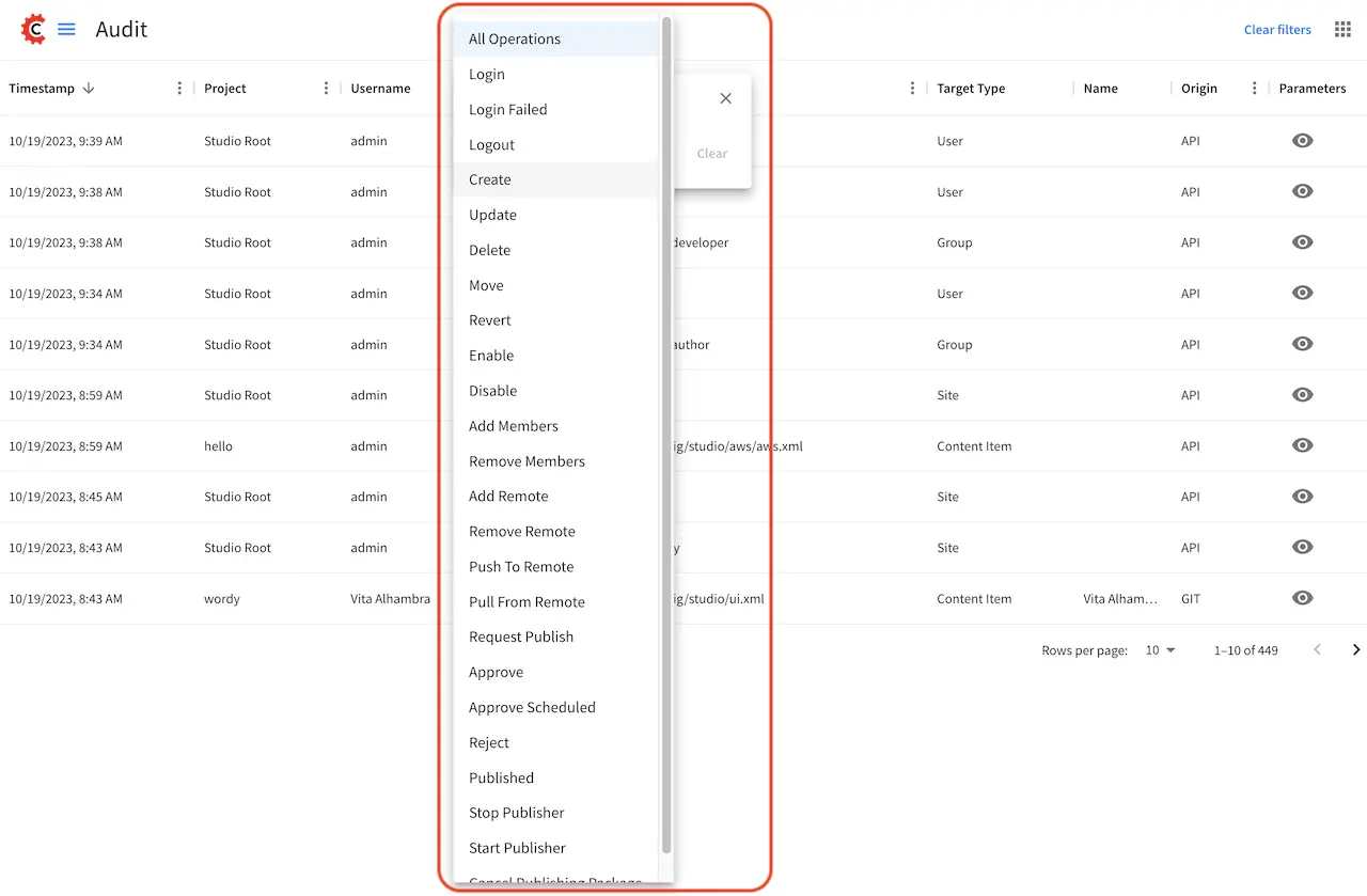 System Administrator - Main Menu Audit Operations Filter