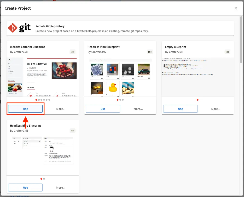 Create Site Dialog in Crafter Studio, select a blueprint