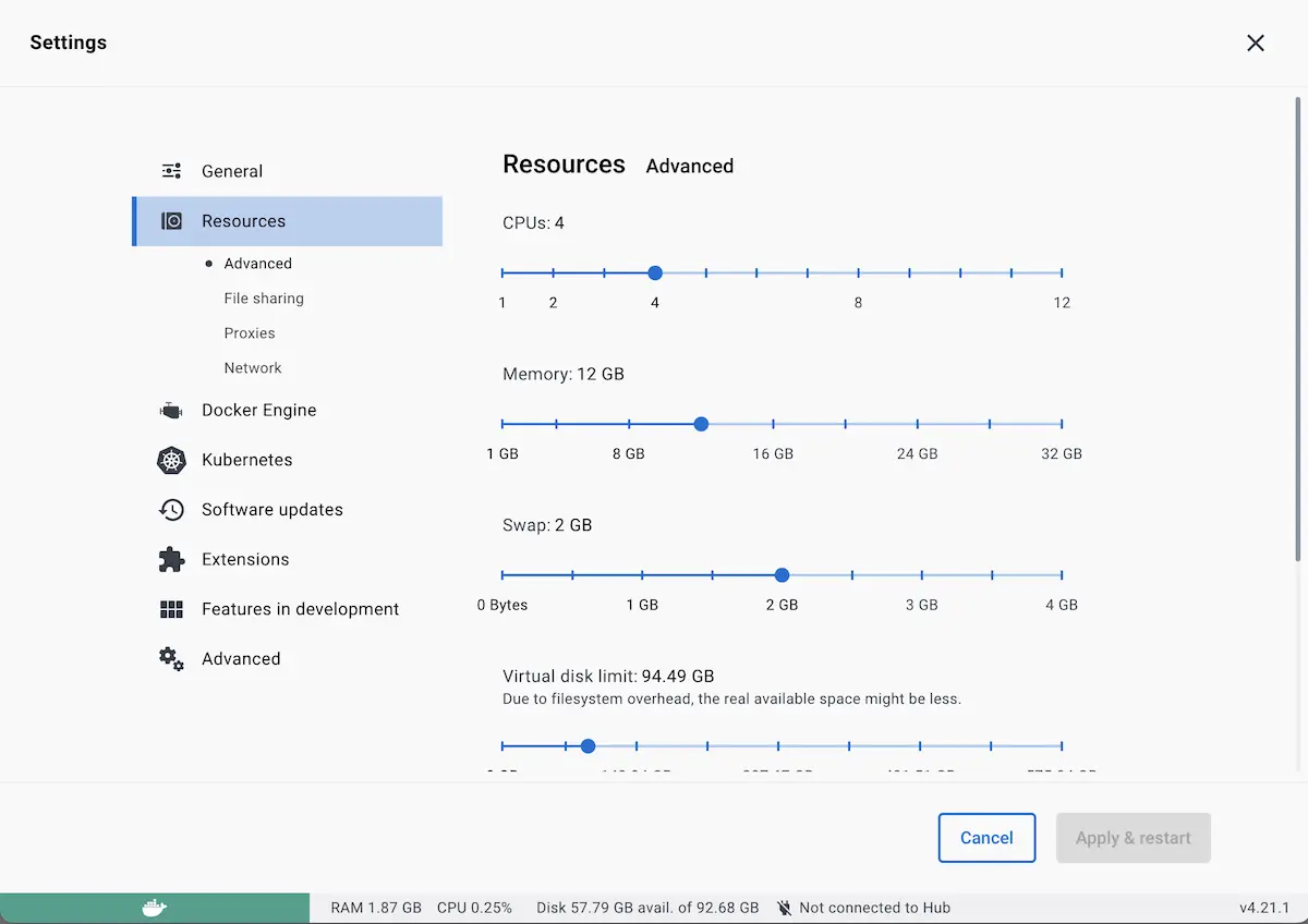 Docker Desktop Advanced Settings