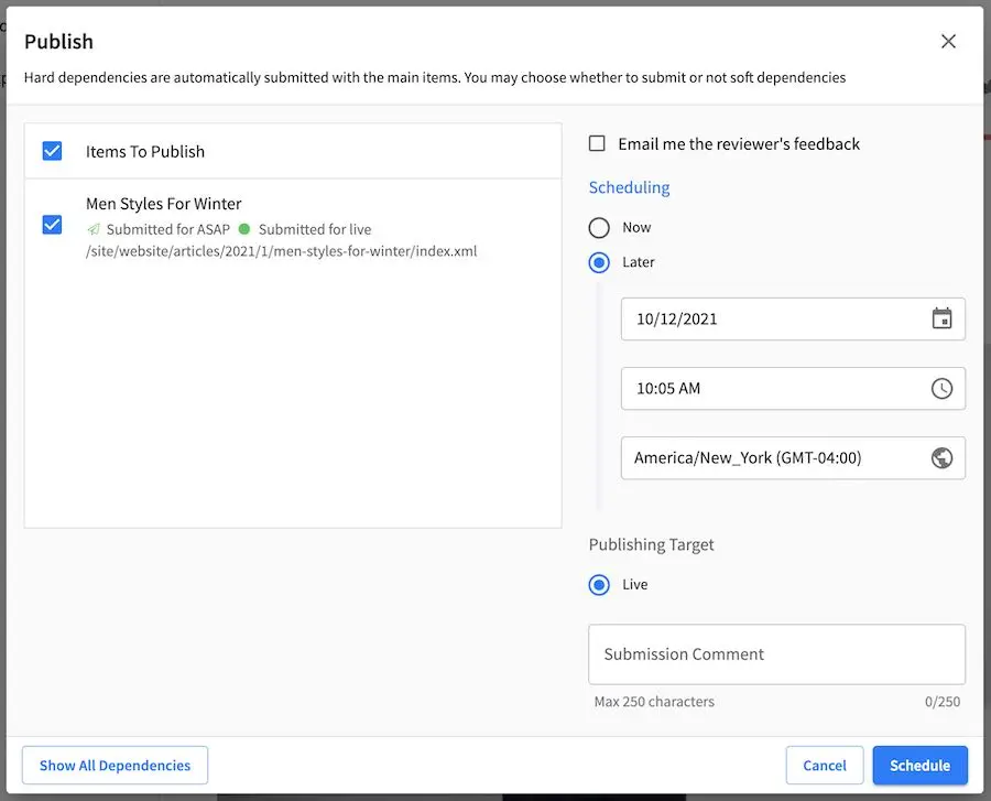 Workflow - Request publish later dialog