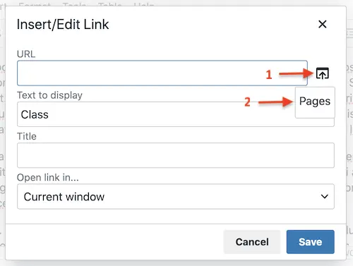 Allow user to browse pages and insert link - Click on button next to "URL" then click on "Pages"