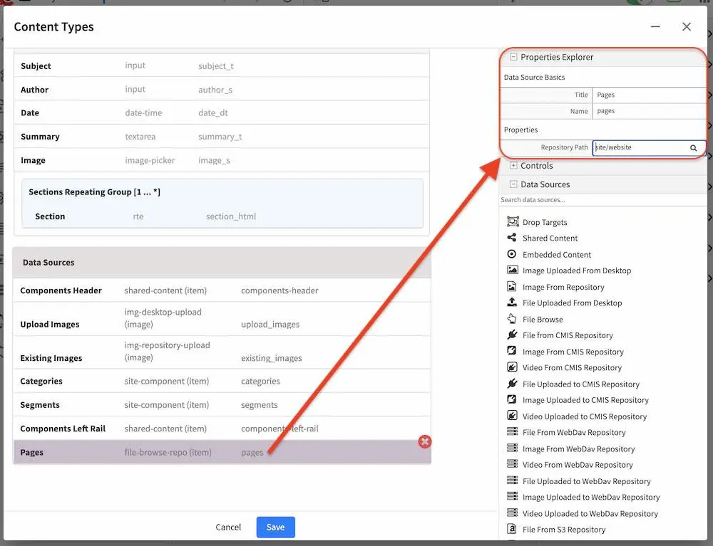 Allow user to browse pages and insert link - data source setup