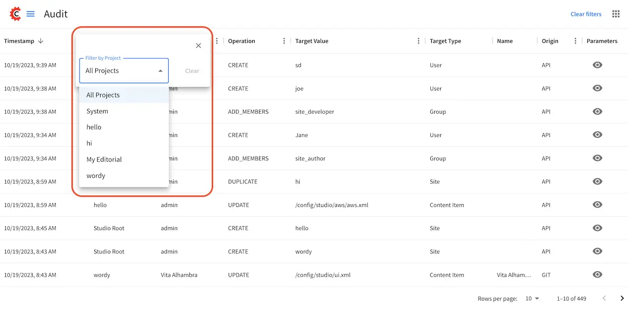 System Administrator - Main Menu Audit Project Filter