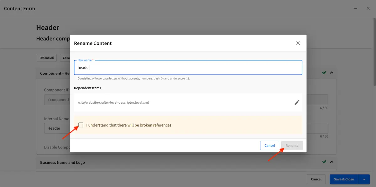 Content Author - Rename Content Dialog