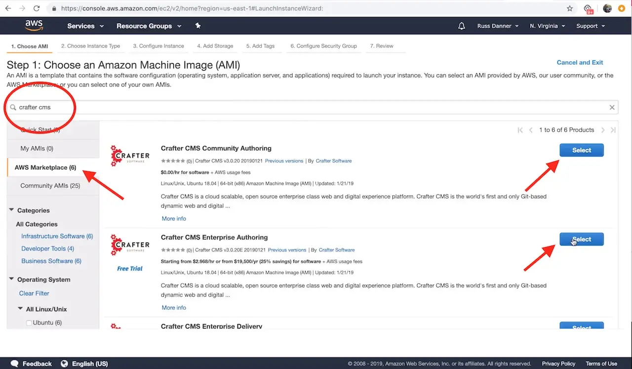 CrafterCMS AWS AMI Authoring Choose AMI
