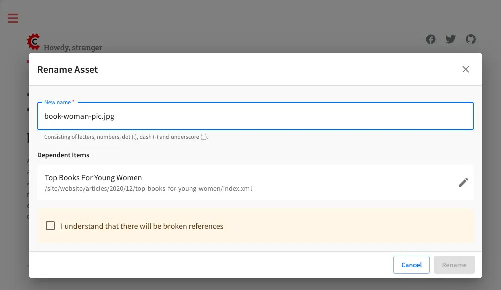 Static Assets - Rename Dialog