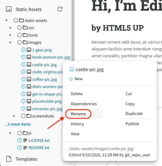 Static Assets - Rename Menu