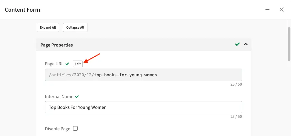 Content Author - Rename Page File Name Edit Button