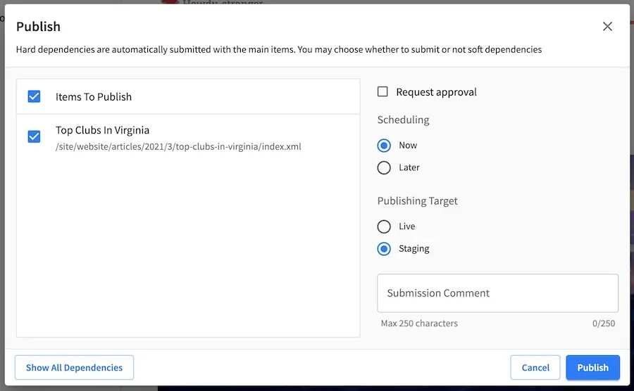 System Administrator - Staging Setup for Publish dialogs